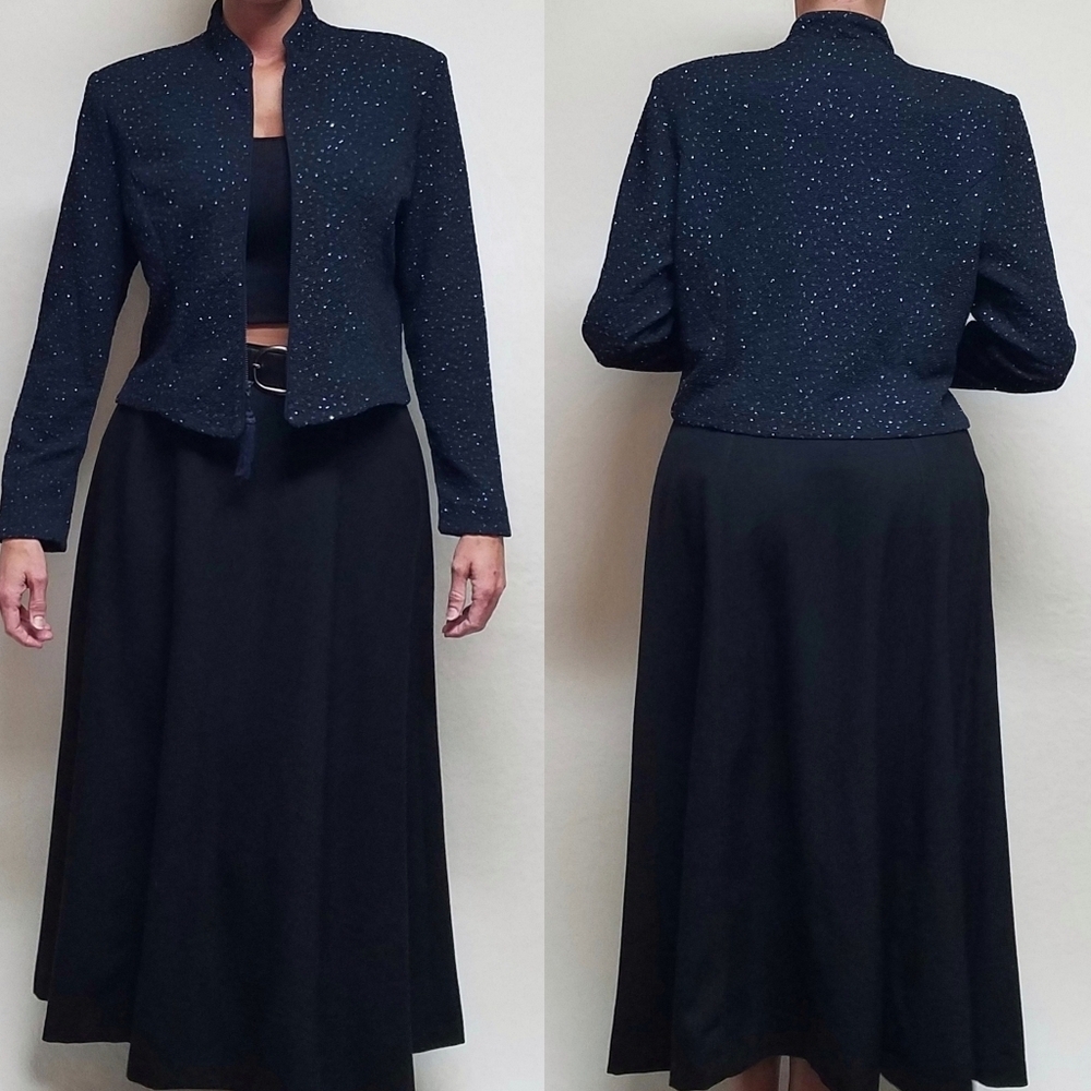 90s Vintage Jessica Howard Navy Blue Metallic Swiss Dot Cropped Blazer Jacket 12